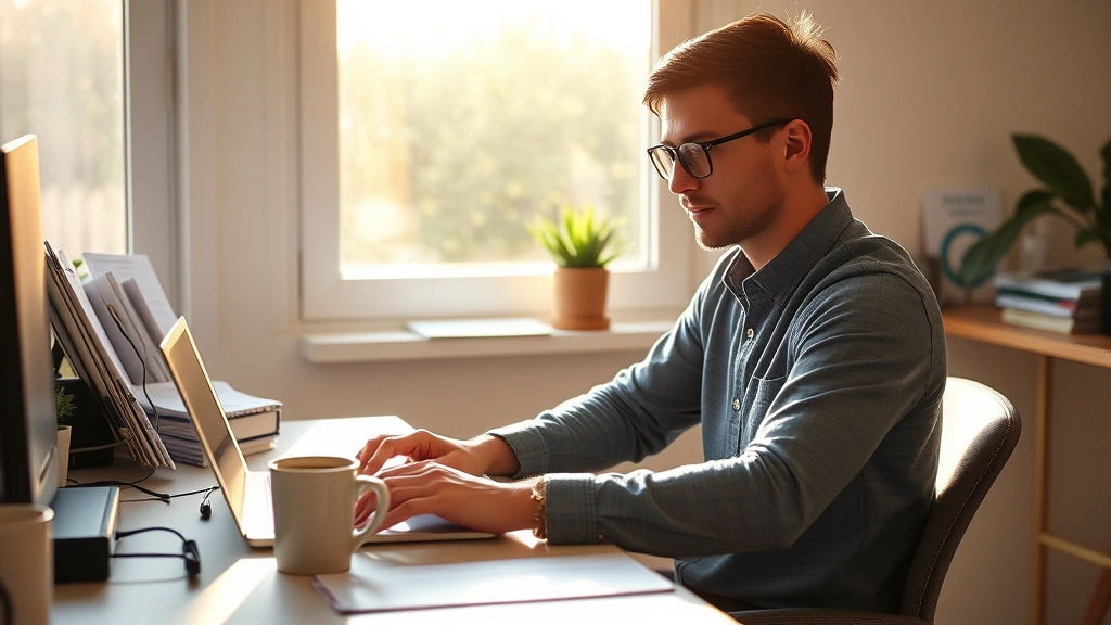 Person sitting at desk with laptop, completely focused and engaged, morning sunlight streaming through window, relaxed posture, coffee cup nearby, minimal distractions visible, photorealistic, calm productive environment