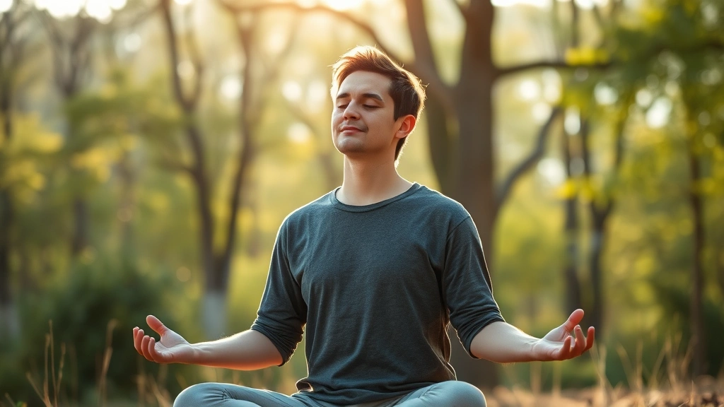 Person meditating outdoors in nature with peaceful posture, serene expression, morning or afternoon sunlight, trees and natural background, photorealistic