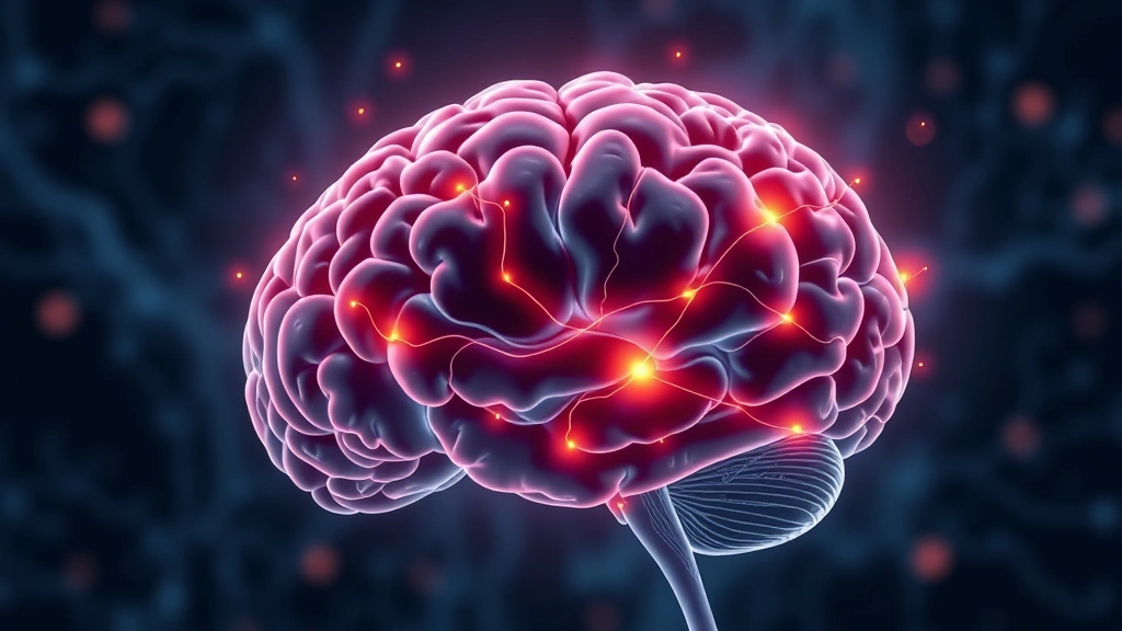 Brain cross-section illustration showing neural pathways lighting up, dopamine and norepinephrine neurotransmitters highlighted, synaptic connections glowing, scientific but accessible visual representation of focus mechanism