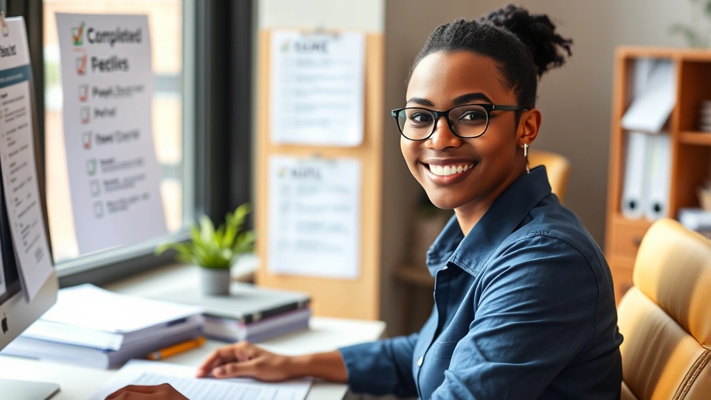 Person at desk with multiple completed tasks visible, organized files, checklist being marked, satisfied expression, productive workspace environment, natural daylight, professional setting, achievement visualization