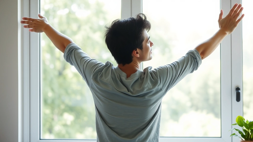 Person taking a break from work, stretching by window overlooking nature, energized and refreshed expression, representing focus recovery and sustainable productivity, bright natural lighting, peaceful setting