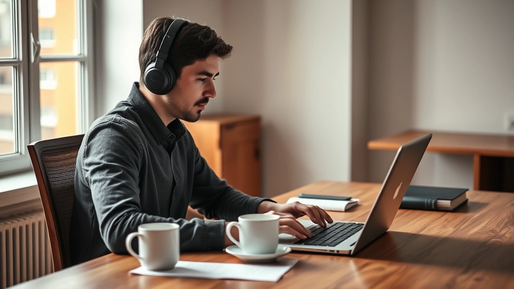 Person wearing headphones sitting at wooden desk with coffee cup, focused on laptop work, natural window light, warm minimalist office environment, professional concentration