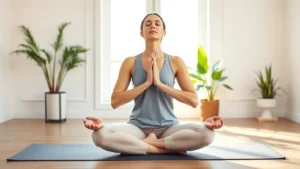 Person in peaceful meditation posture on yoga mat in bright, natural-lit room with soft morning light, eyes closed in deep concentration, calm facial expression, minimalist background with indoor plants