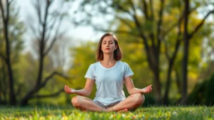 Person meditating outdoors in natural light, peaceful expression, sitting cross-legged on grass with blurred trees in background, photorealistic, serene morning atmosphere