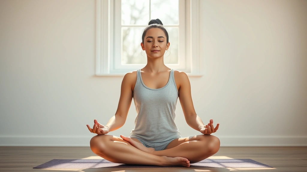 Person sitting in peaceful meditation posture in sunlit room, hands resting on knees, calm serene expression, natural window light, minimalist background, photorealistic, focused peaceful atmosphere