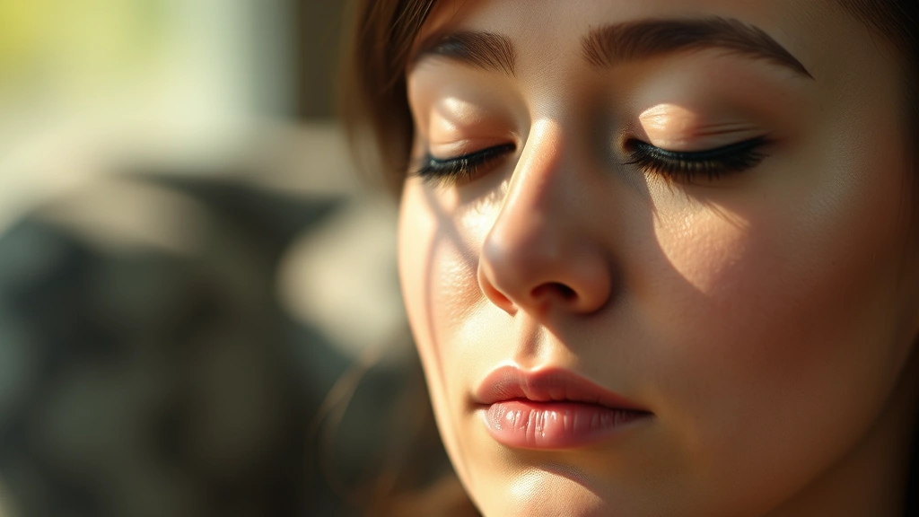 Close-up of person meditating with eyes closed, soft natural lighting, peaceful expression, gentle facial features, serene environment, photorealistic, showing mental clarity and calm focus