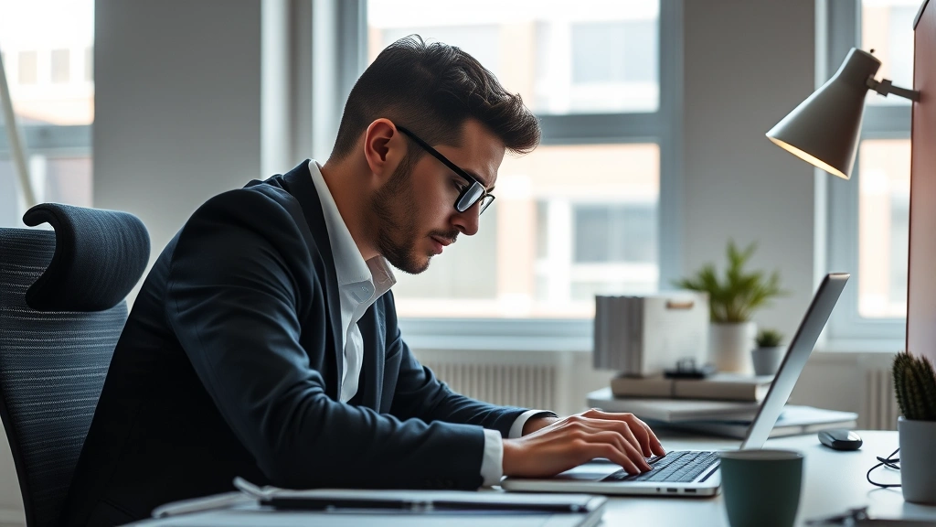 Focused professional at desk working on laptop, deep concentration, natural window lighting, minimal desk setup, photorealistic workplace environment showing engaged attention