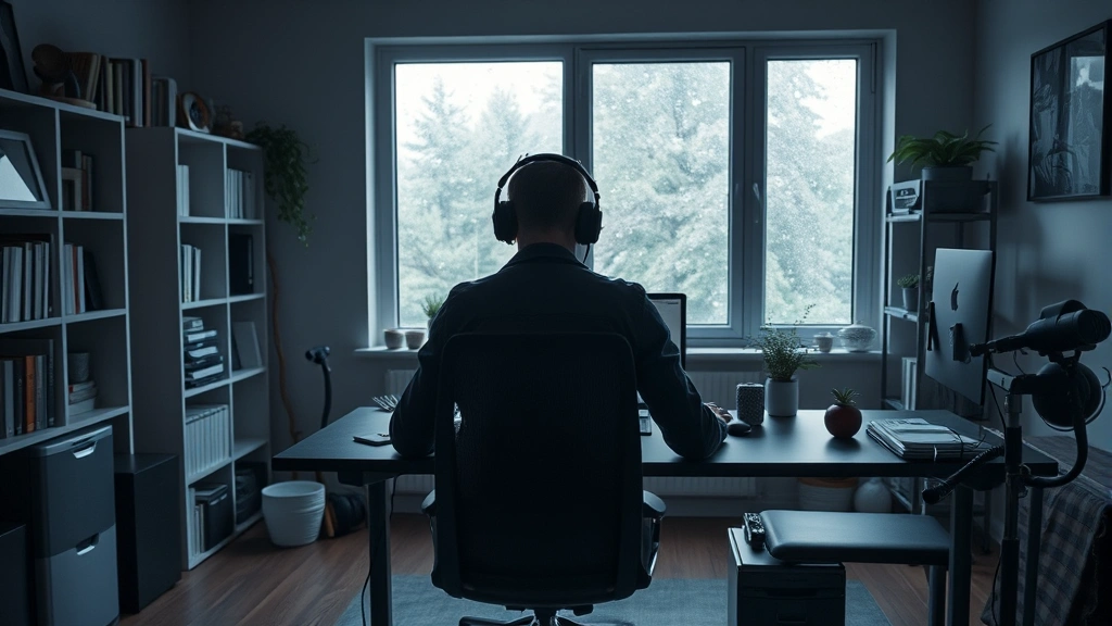 Wide shot of modern home office with person at desk wearing headphones, rain visible through window, cozy organized workspace, peaceful concentration setting