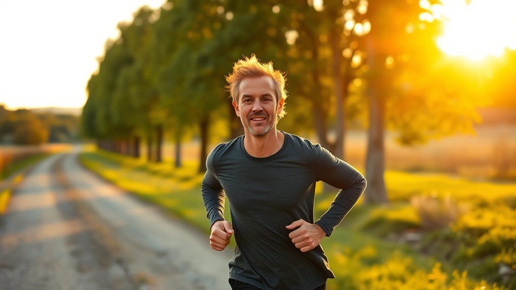 Person jogging outdoors on tree-lined path during golden hour, energetic motion captured, face showing determination and mental clarity, natural landscape background, athletic movement emphasizing exercise benefits