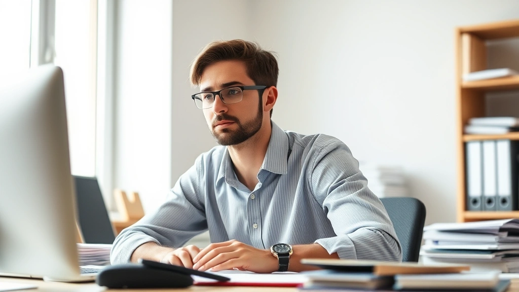 Individual at desk with focused expression, hands relaxed on workspace, surrounded by organized materials, bright daylight streaming through window, depicting sustained concentration and mental clarity in work environment