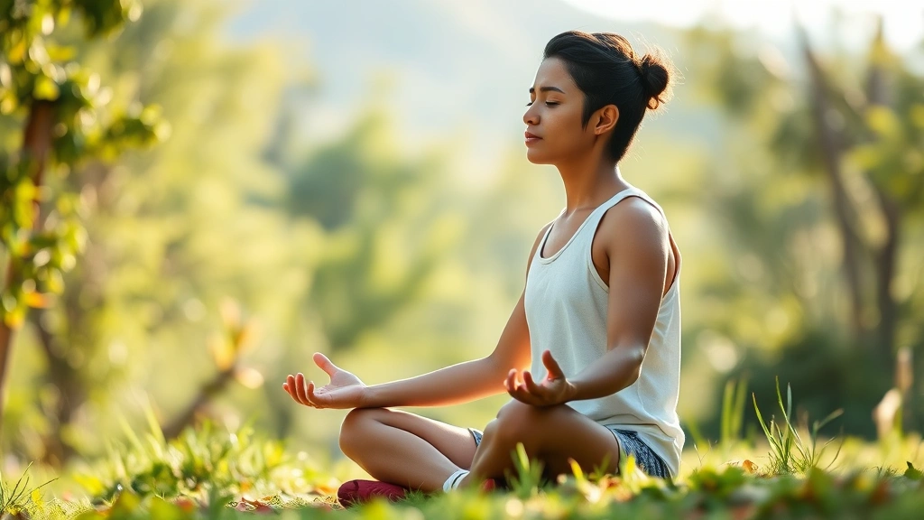 Individual practicing meditation outdoors in natural setting, sitting cross-legged, surrounded by soft blurred greenery, natural daylight, peaceful composed posture, photorealistic, tranquil contemplative mood