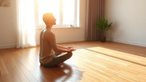 Person sitting in meditation posture on wooden floor near large window with natural sunlight, peaceful expression, minimal home interior, warm afternoon light creating calm atmosphere, photorealistic