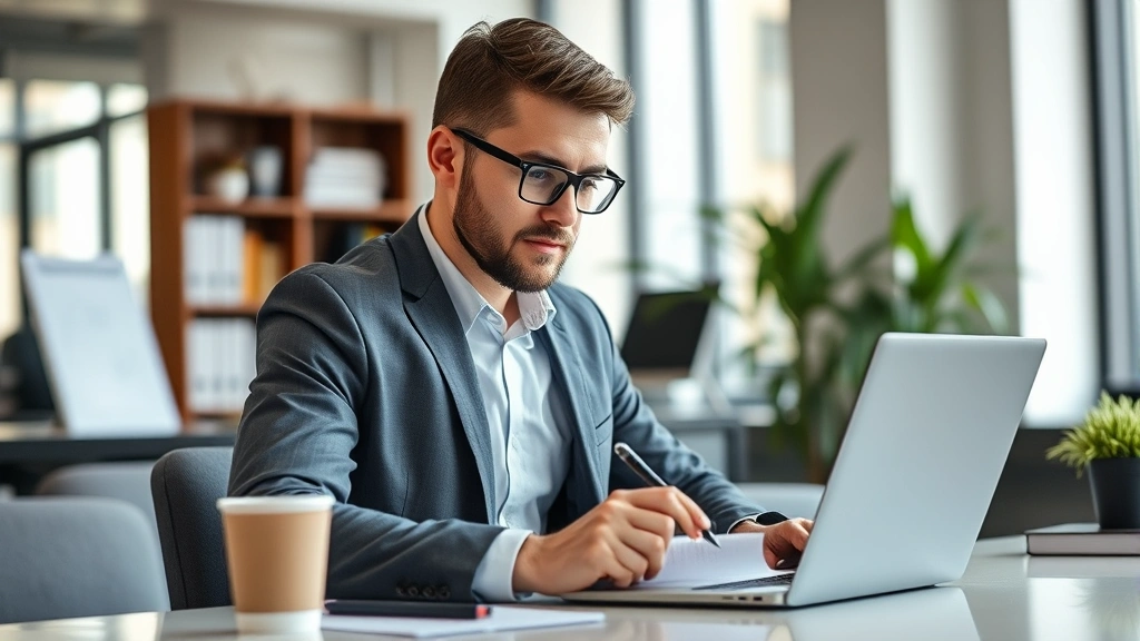 Man in business casual attire at laptop taking notes, coffee cup on desk, concentrated expression showing active job search and learning process, bright modern workspace