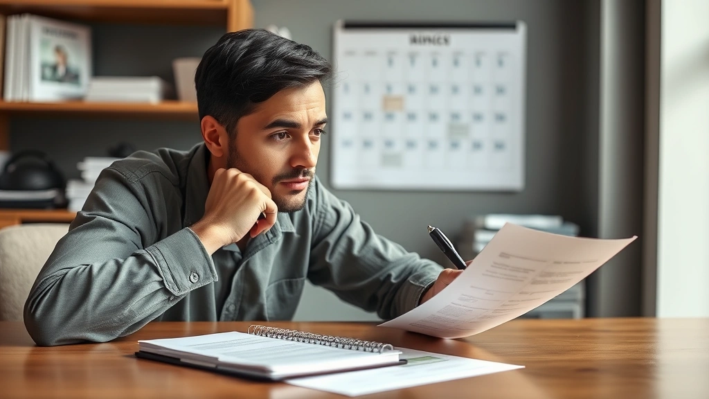 Person at table with notebook and pen, reviewing performance evaluation paperwork, thoughtful expression, organized workspace with calendar visible in background, realistic office setting