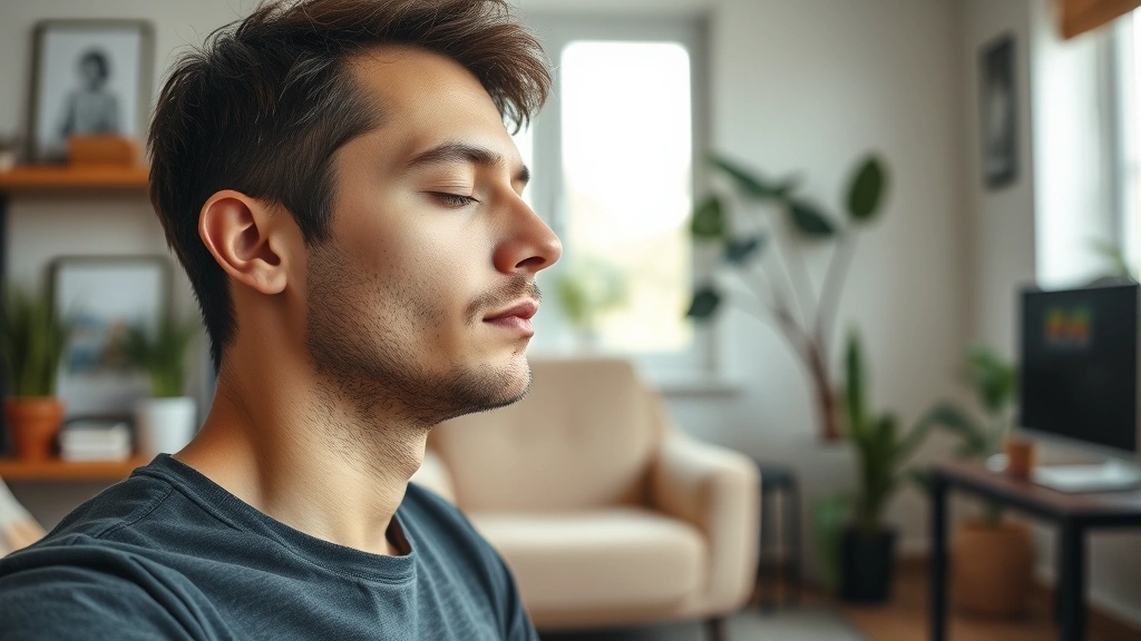 Close-up of focused individual meditating in quiet home office space, mindful expression, plants and natural elements visible, warm neutral tones, professional peaceful setting