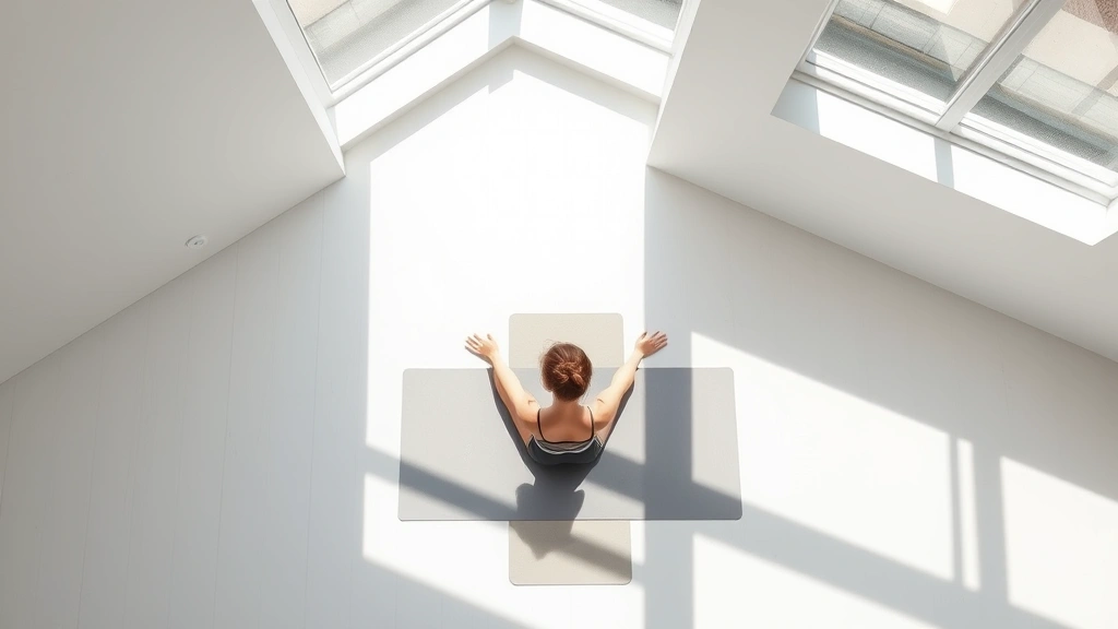 Top-down view of person meditating on yoga mat in minimalist bright room, natural sunlight casting shadows, serene peaceful environment, photorealistic calm atmosphere