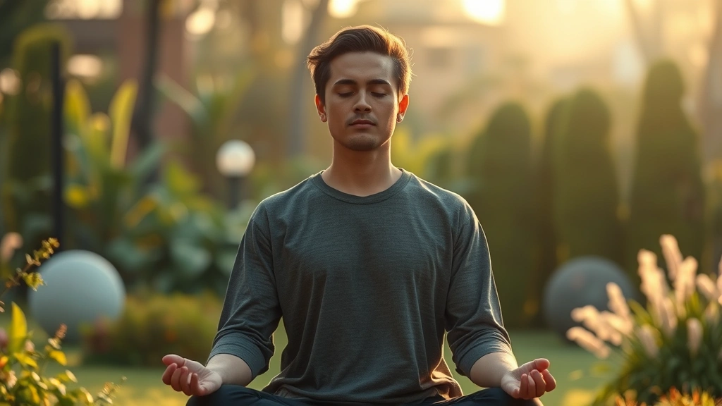 Person meditating in peaceful natural setting with soft morning light, serene expression, outdoor garden environment, photorealistic, calm atmosphere, no text visible
