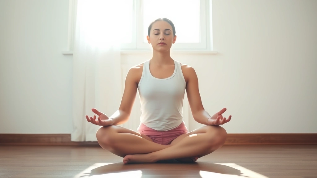 Person sitting cross-legged in peaceful meditation pose, natural sunlight streaming through window, serene expression, minimalist indoor setting, photorealistic, focused calm