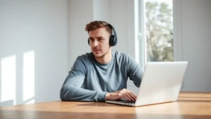 Person wearing headphones sitting at wooden desk with laptop, focused expression, natural daylight from window, minimalist workspace, no visible text or screens