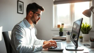 Person working at minimalist desk with morning sunlight streaming through window, focused expression, hands on keyboard, calm organized workspace, no visible distractions or screens showing content