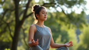 Person meditating in peaceful natural setting with soft sunlight filtering through trees, serene facial expression, perfect focus and concentration demonstrated through calm posture and composed demeanor