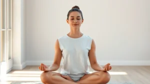 Person in meditative posture sitting peacefully in natural light from window, serene facial expression, hands resting gently, minimalist modern interior, photorealistic, calm focused energy