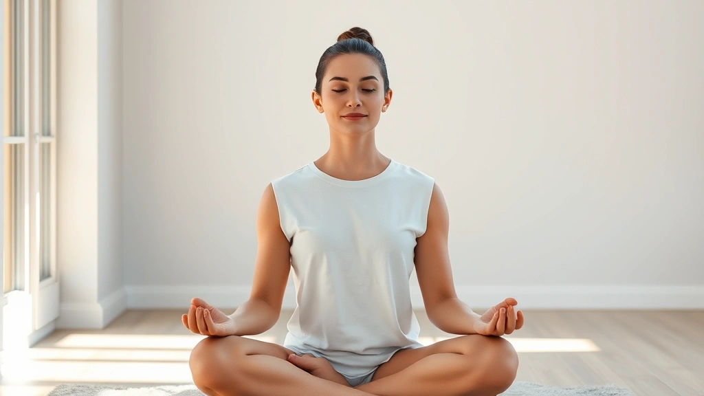 Person in meditative posture sitting peacefully in natural light from window, serene facial expression, hands resting gently, minimalist modern interior, photorealistic, calm focused energy