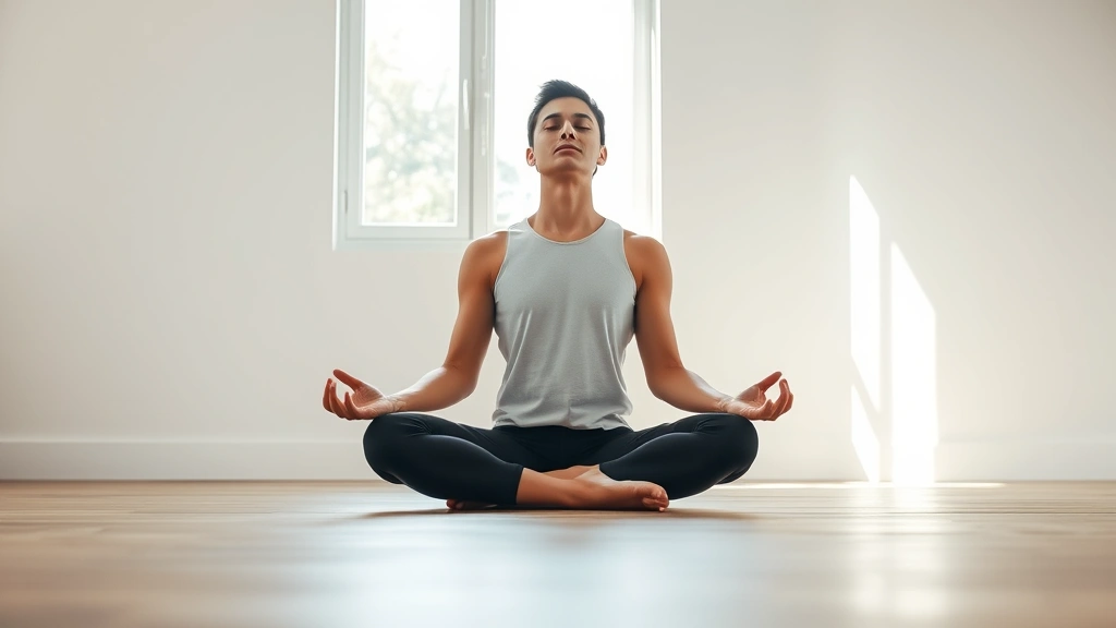 Person sitting cross-legged in peaceful meditation pose in minimalist room with natural light streaming through window, eyes closed, calm expression, photorealistic professional photography