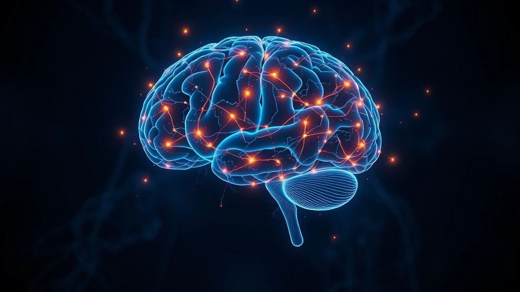 Brain illustration showing neural pathways lighting up during meditation, focused concentration visualization, neuroscience concept, photorealistic style, glowing connections
