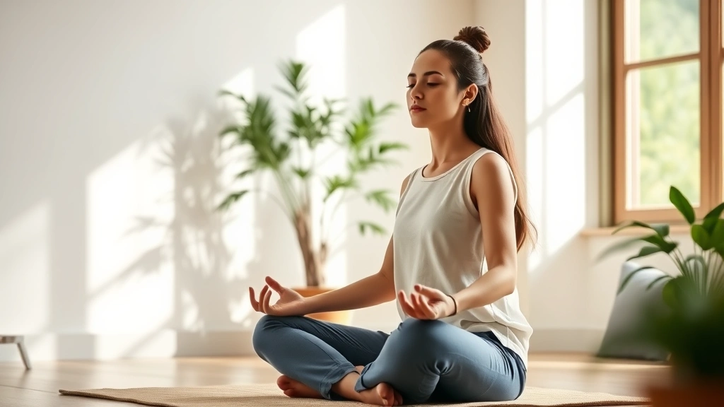Individual meditating in peaceful room with soft natural light, sitting cross-legged, serene expression, plant in background, demonstrating mindfulness for concentration improvement