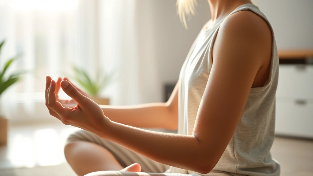 Close-up of meditating individual in comfortable seated position indoors, morning light through window, showing deep concentration and mindfulness practice in progress