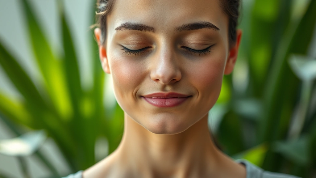 Close-up of person meditating with gentle peaceful expression, soft natural lighting, blurred green plant background, photorealistic, embodying mental clarity and concentration