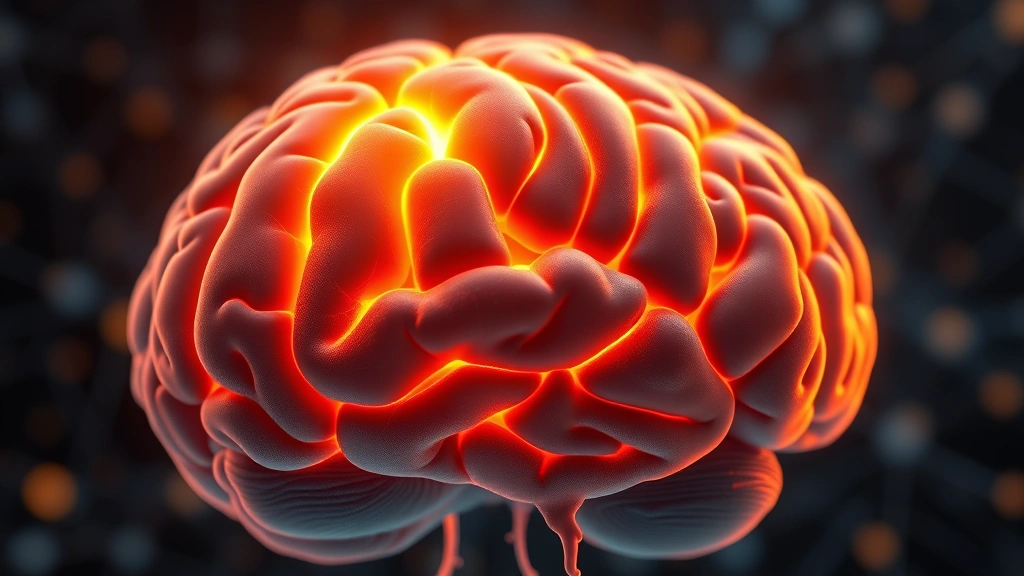 Close-up of human brain with highlighted prefrontal cortex region glowing with warm golden light, showing neural connections and synapses, scientific medical illustration style photorealistic render