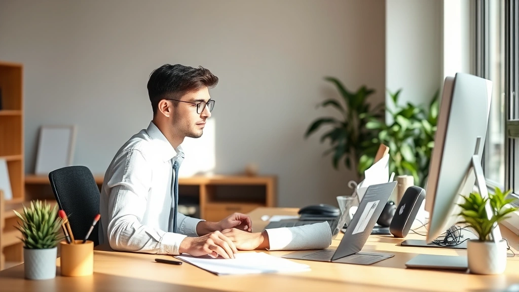Individual working at desk with visible mental clarity, focused posture, productive workspace, peaceful expression, morning light, no screens or text, professional setting