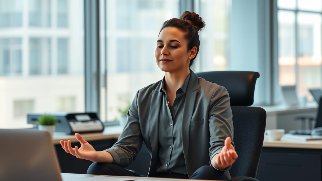 Professional meditating at desk before work, calm focused expression, modern office environment, morning light, demonstrating workplace meditation practice, photorealistic professional setting