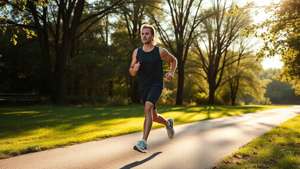 Active person jogging outdoors in nature, morning light, energetic movement, trees and green environment visible, showing physical activity boosting cognitive function and mental clarity
