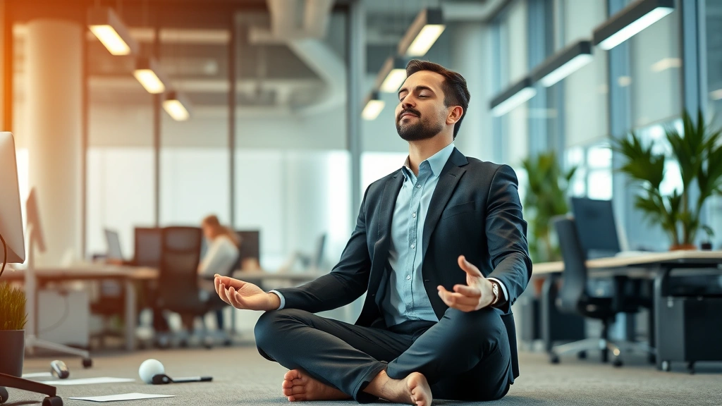 Busy professional taking meditation break in modern office environment, sitting peacefully amid workspace, demonstrating focus recovery and attention reset during workday