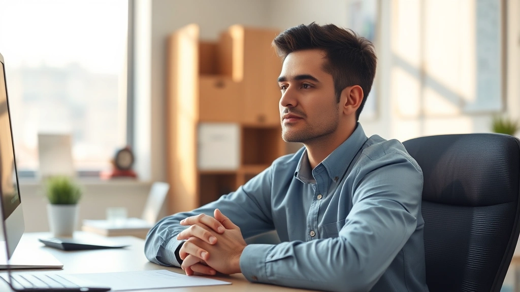 Individual in professional workspace with hands folded on desk, looking focused and calm, morning sunlight, clean desk environment, peaceful concentrated expression, photorealistic professional photograph