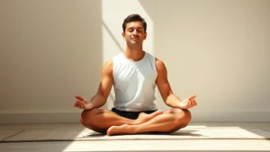Person in deep meditation posture with calm peaceful expression, sitting in natural sunlight, minimalist background, photorealistic, no text or clock visible