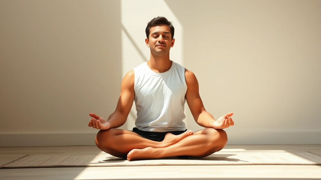 Person in deep meditation posture with calm peaceful expression, sitting in natural sunlight, minimalist background, photorealistic, no text or clock visible