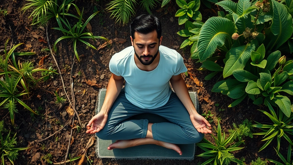 Overhead view of person meditating outdoors in nature setting, surrounded by plants, peaceful expression, photorealistic, no visible screens or clocks