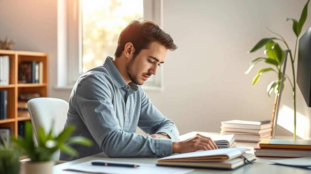 Individual in deep concentration working at desk, natural light, focused posture, relaxed shoulders, peaceful expression, books and minimal workspace, morning or afternoon setting