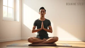 Person in serene meditation posture in minimalist room with soft natural light streaming through window, peaceful expression, sitting cross-legged on cushion, photorealistic