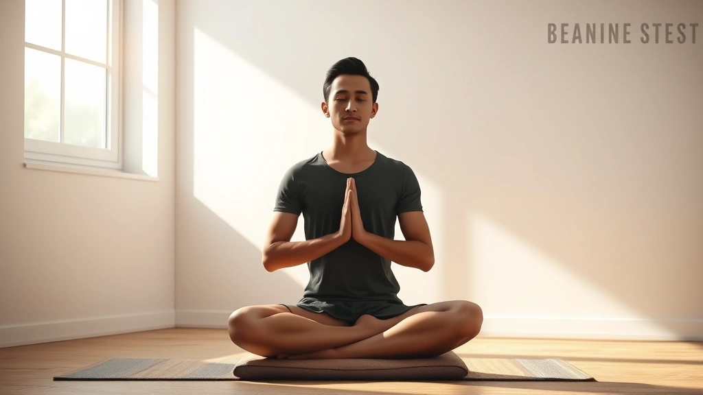 Person in serene meditation posture in minimalist room with soft natural light streaming through window, peaceful expression, sitting cross-legged on cushion, photorealistic