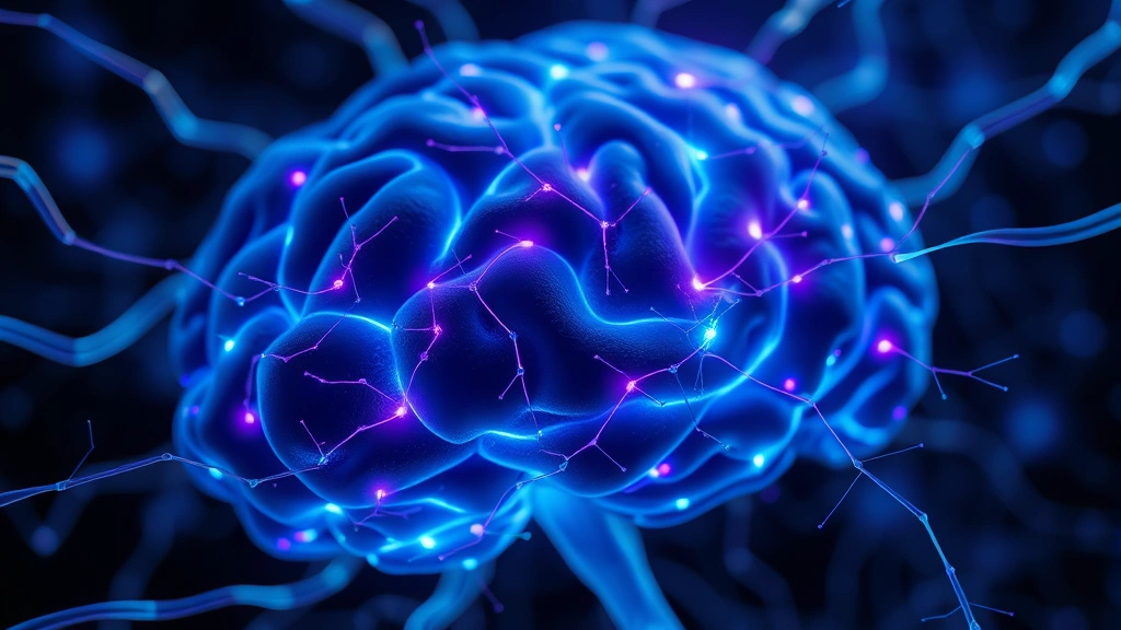 Closeup of human brain neural networks glowing with blue and purple energy pathways, representing neurotransmitter activity and focus circuits, scientific visualization style, photorealistic