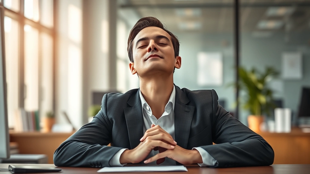 Professional at desk with eyes closed in brief mindfulness moment, hands resting on desk, calm expression, office background softly blurred, natural afternoon lighting, photorealistic