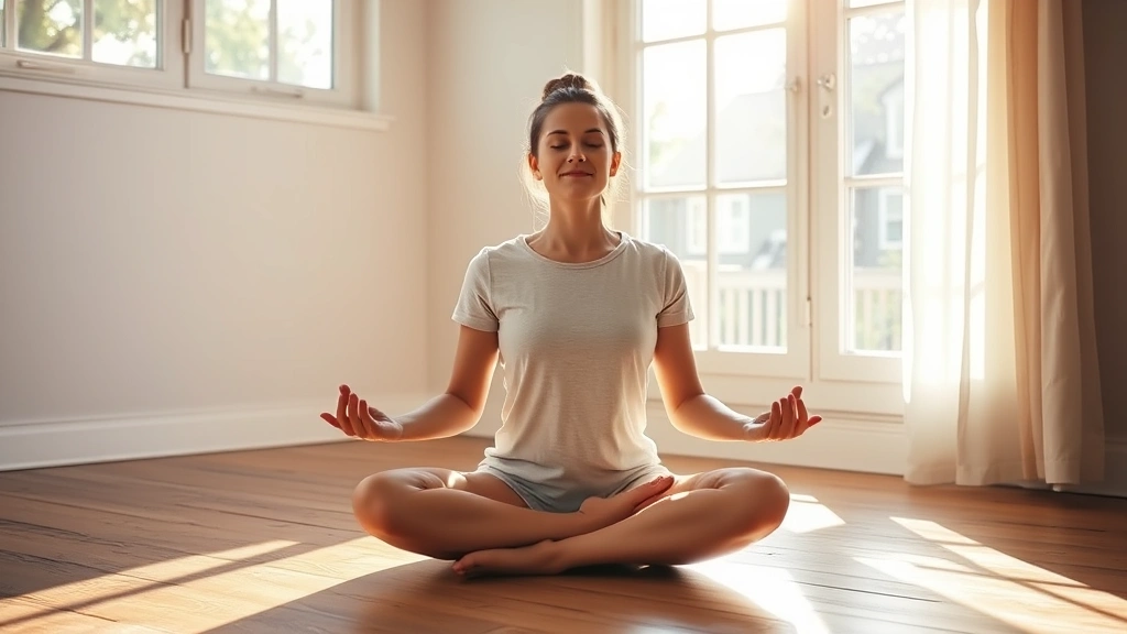 Person sitting in peaceful meditation posture on wooden floor, morning sunlight streaming through window, calm expression, hands resting on knees, serene indoor environment
