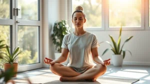 Person meditating peacefully in morning sunlight, sitting cross-legged indoors, calm focused expression, serene natural background with plants