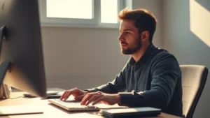 Person in deep concentration at desk with natural sunlight, peaceful focused expression, minimalist workspace, hands on keyboard, completely absorbed in work, warm lighting, calm professional environment