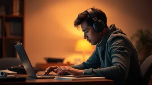 Person wearing headphones at desk with laptop, deeply focused on work, warm office lighting, relaxed shoulders, notebook and pen visible, no screen visible, photorealistic